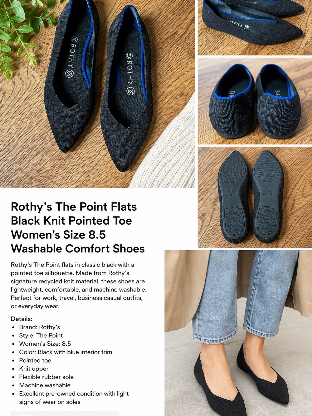 Rothy’s The Point Flats Black Knit Pointed Toe Women’s Size 8.5 Washable Comfort